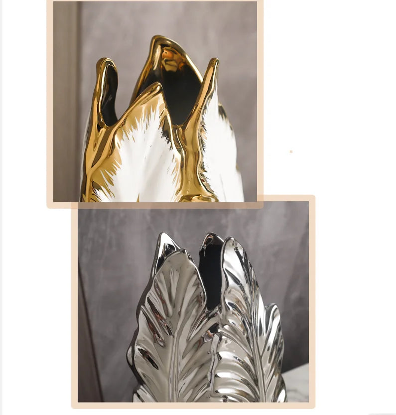 Luxury Feather Gold Painted Ceramic Vase