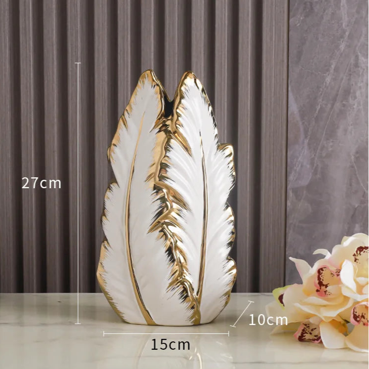 Luxury Feather Gold Painted Ceramic Vase