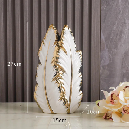 Luxury Feather Gold Painted Ceramic Vase